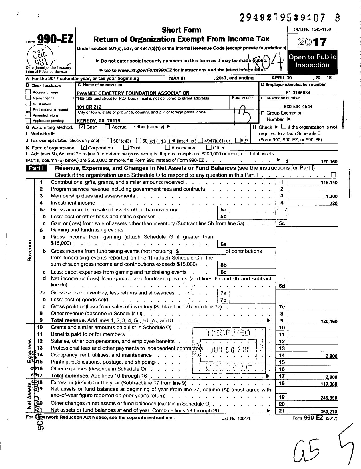 Image of first page of 2017 Form 990EO for Pawnee Cemetery Foundation Association