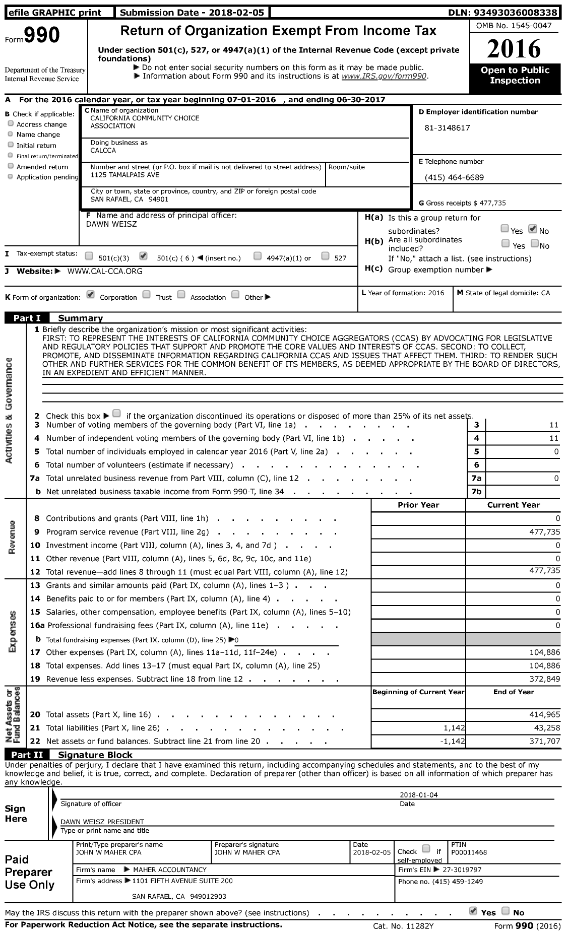 Image of first page of 2016 Form 990 for Calcca