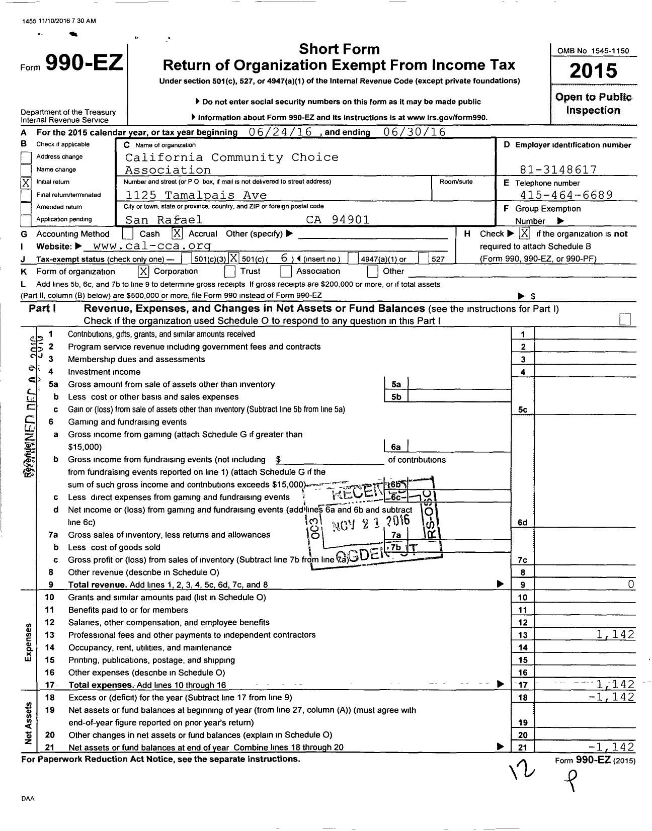 Image of first page of 2015 Form 990EO for Calcca