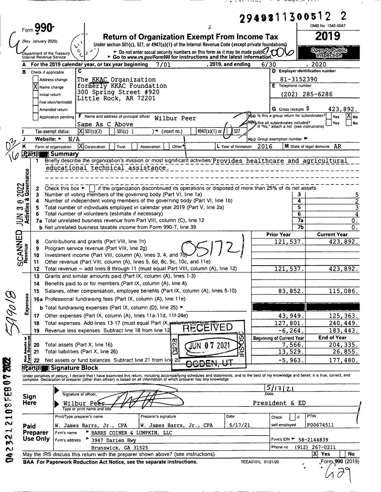 Image of first page of 2019 Form 990 for The KKAC Organization