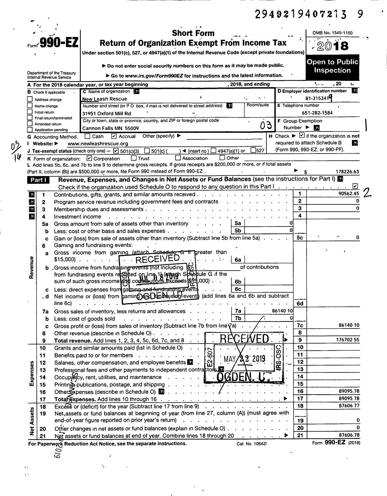 Image of first page of 2018 Form 990EZ for New Leash Rescue