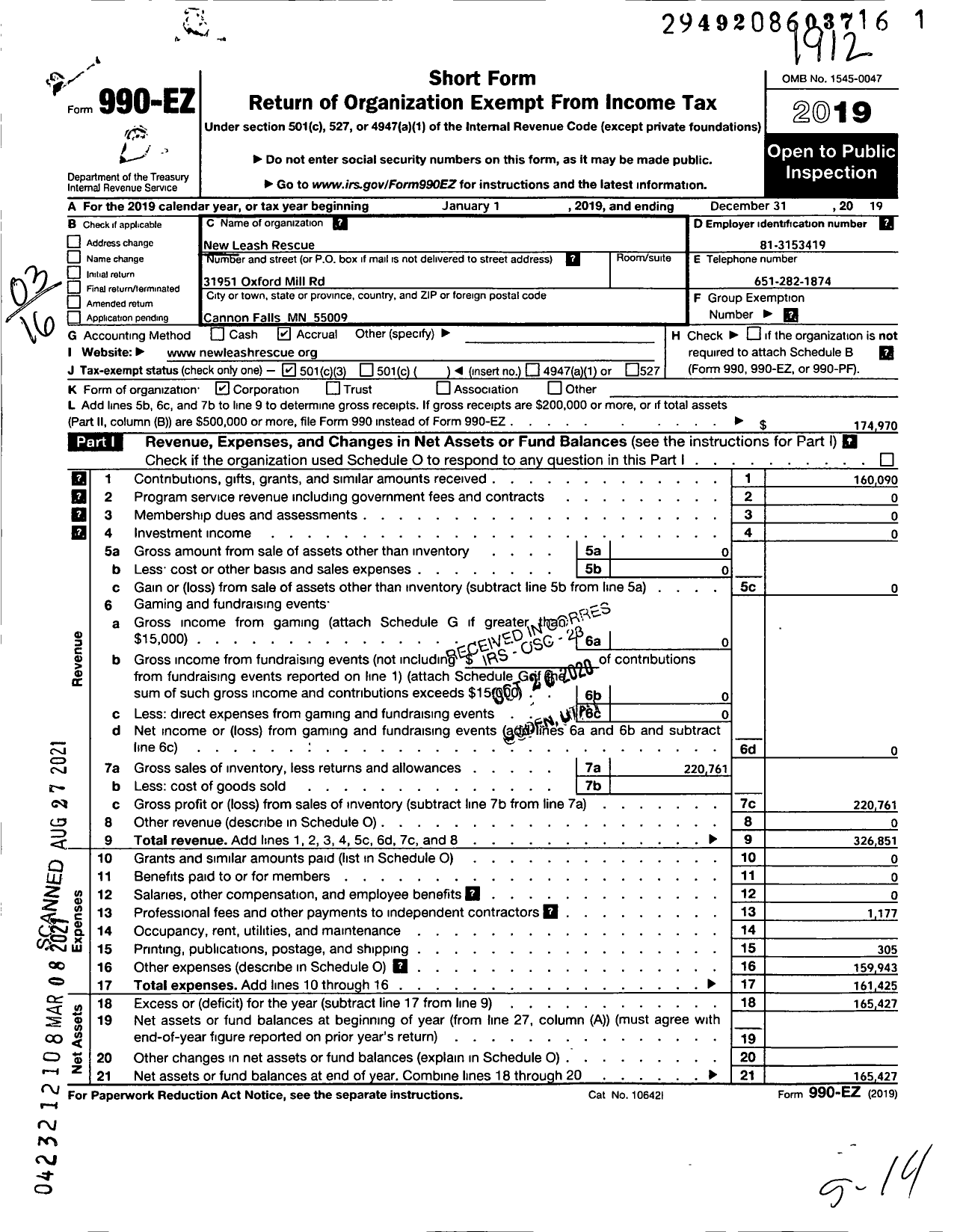 Image of first page of 2019 Form 990EZ for New Leash Rescue