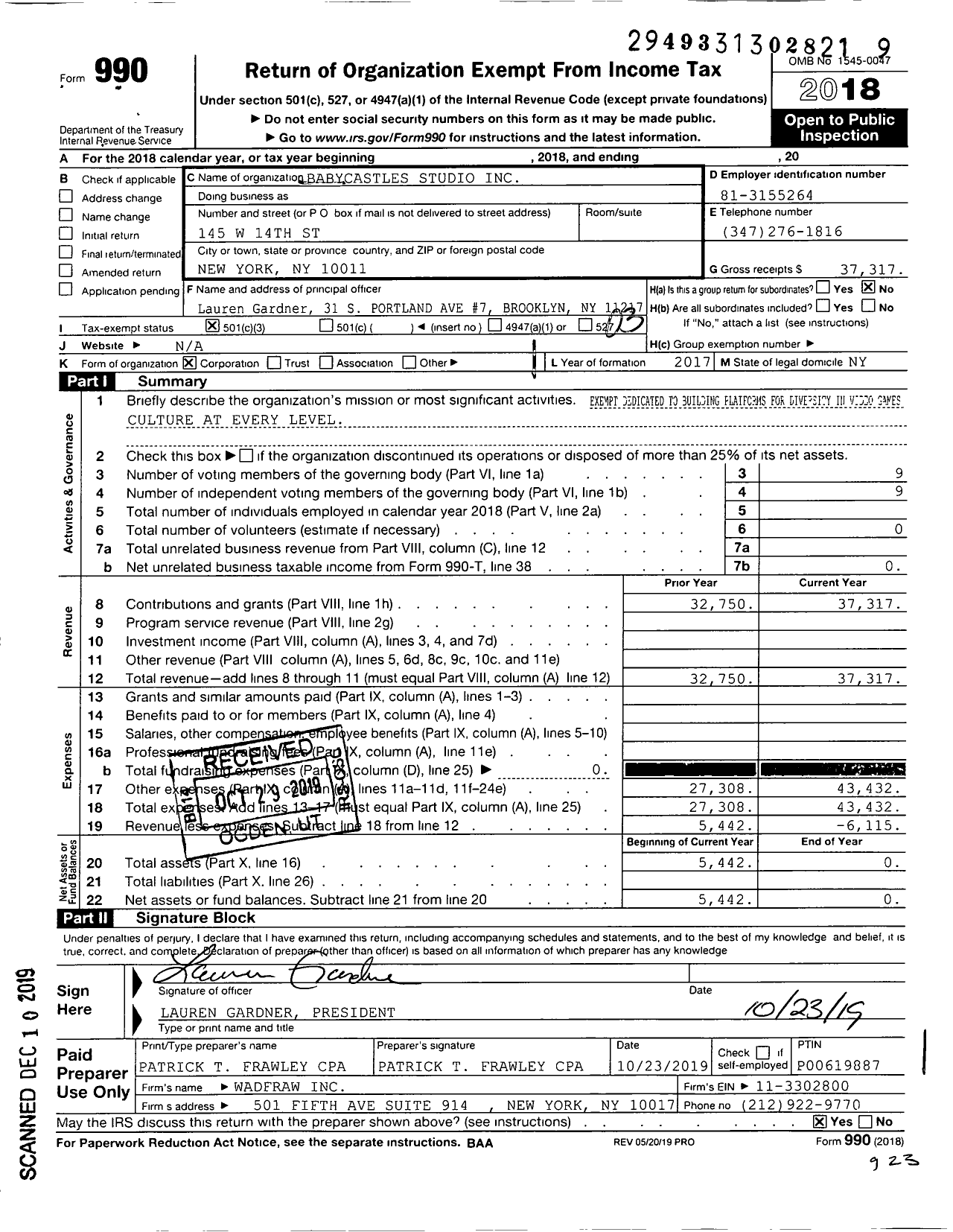 Image of first page of 2018 Form 990 for Babycastles Studio