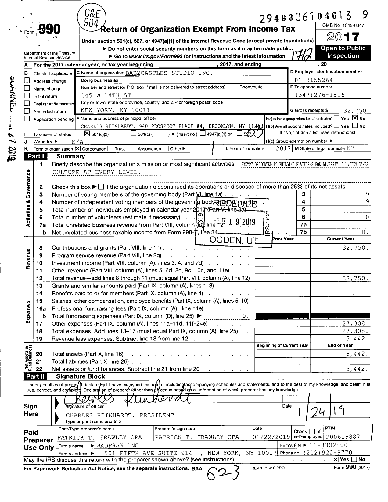 Image of first page of 2017 Form 990 for Babycastles Studio