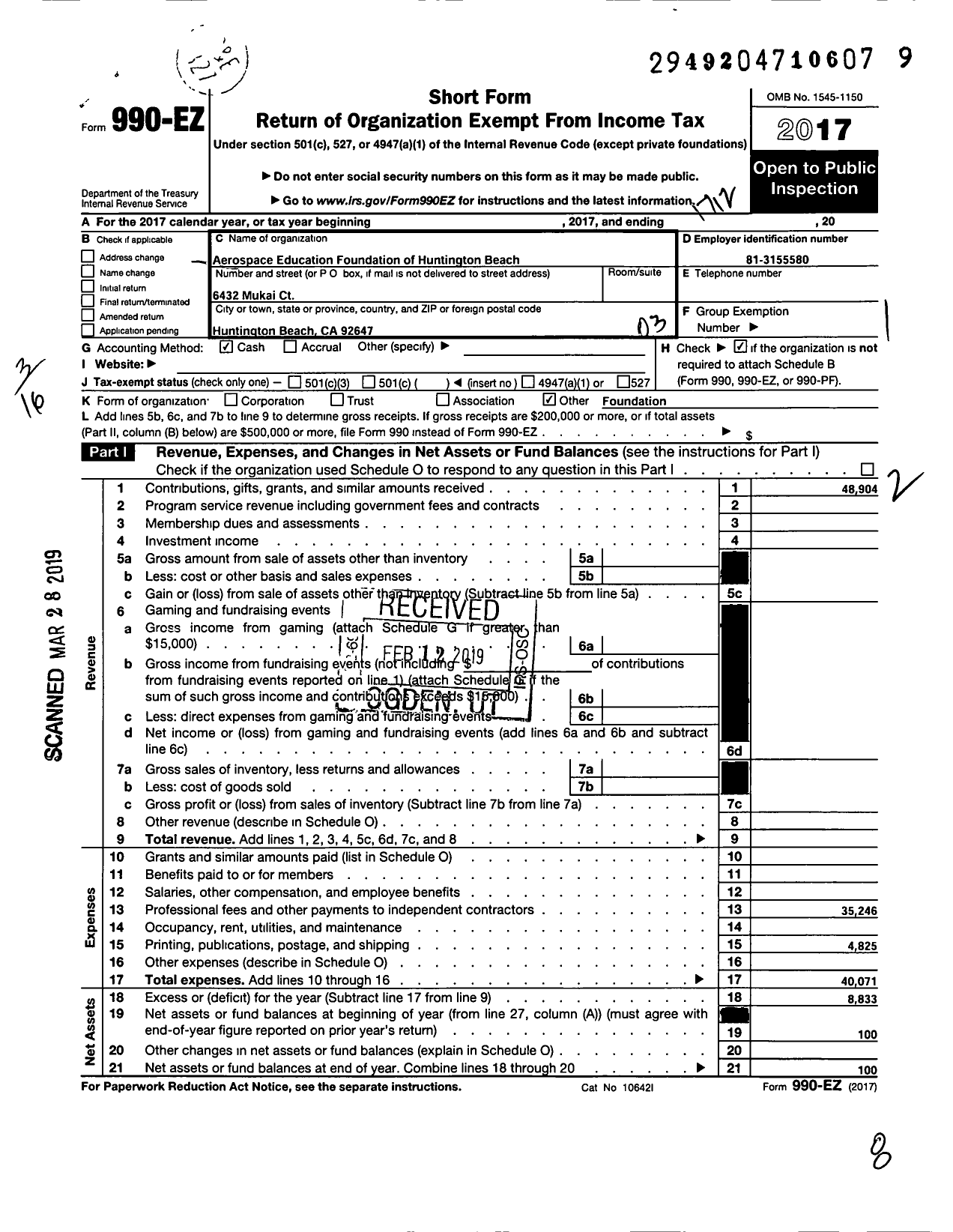 Image of first page of 2017 Form 990EZ for Aerospace Education Foundation of Huntington Beach