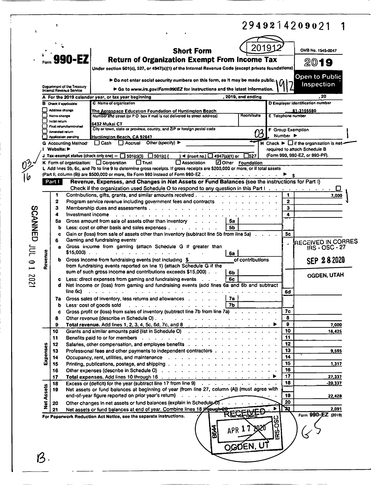 Image of first page of 2019 Form 990EZ for Aerospace Education Foundation of Huntington Beach