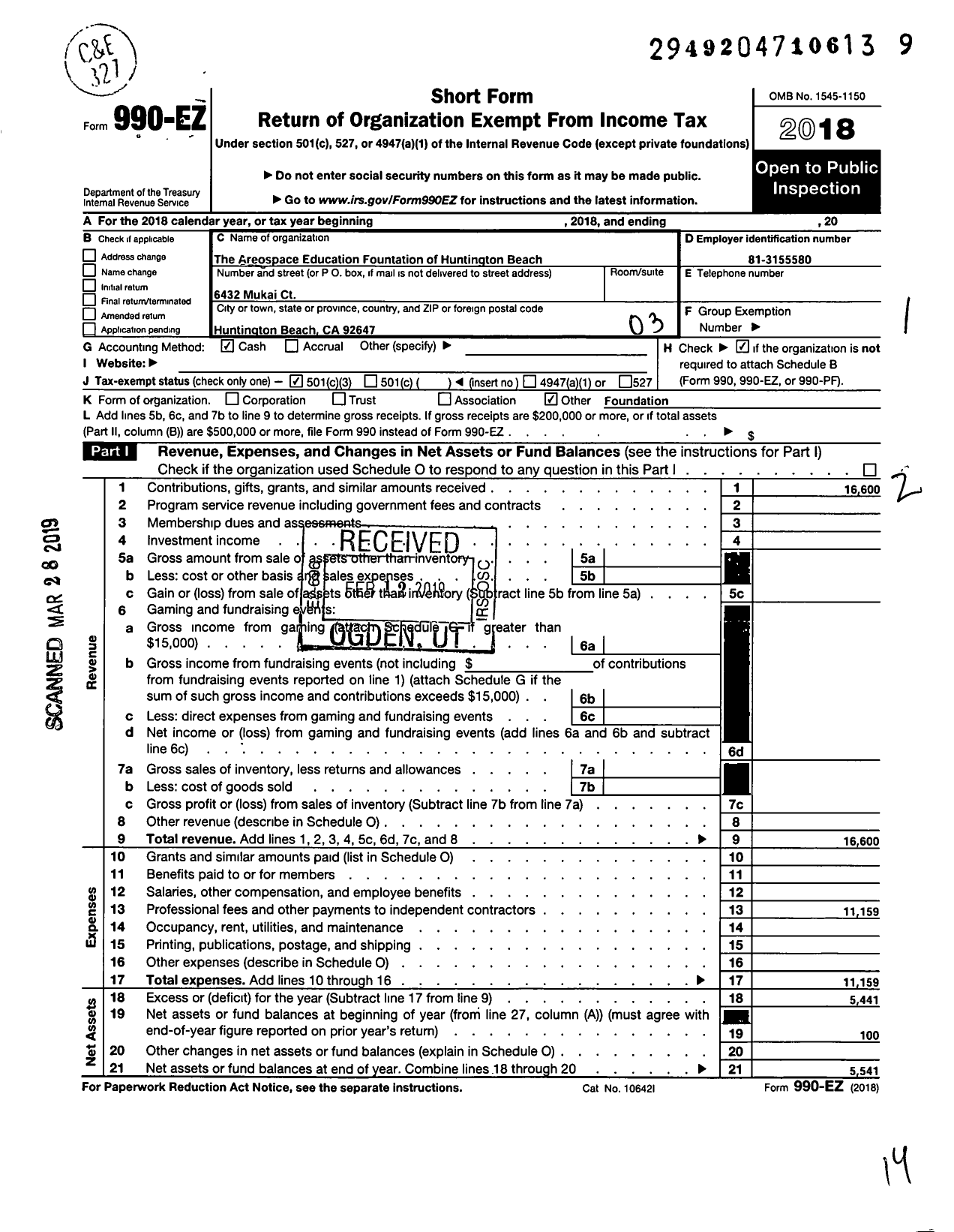 Image of first page of 2018 Form 990EZ for Aerospace Education Foundation of Huntington Beach