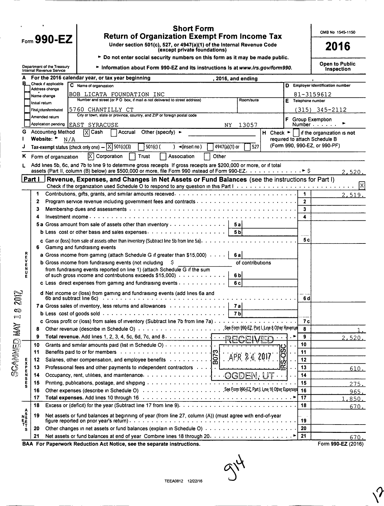 Image of first page of 2016 Form 990EZ for Bob Licata Foundation