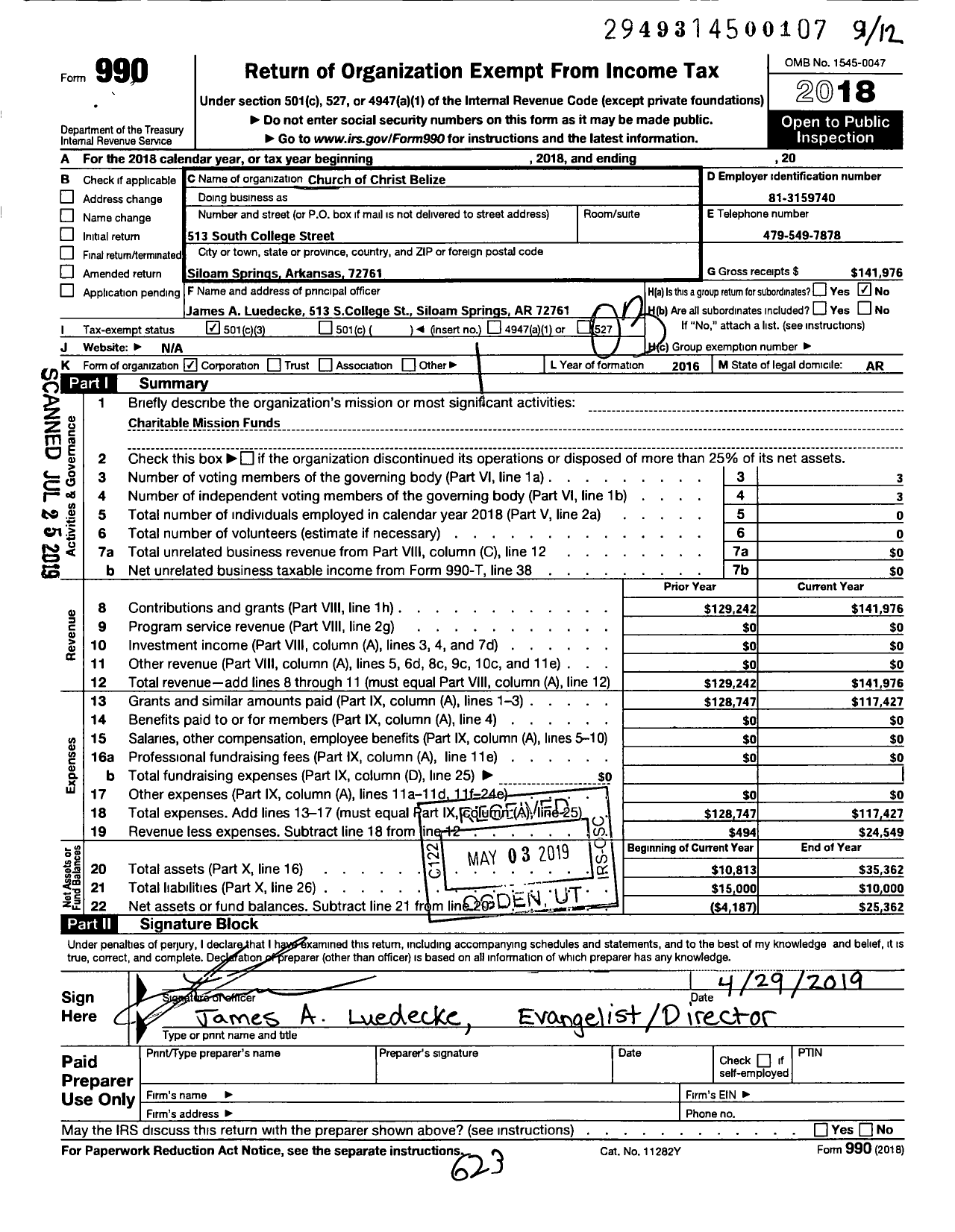 Image of first page of 2018 Form 990 for Church of Christ Belize