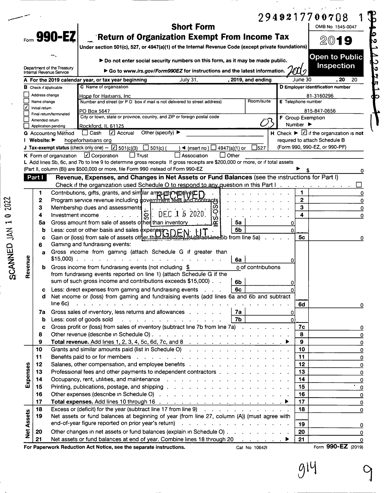 Image of first page of 2019 Form 990EZ for Hope for Haitians