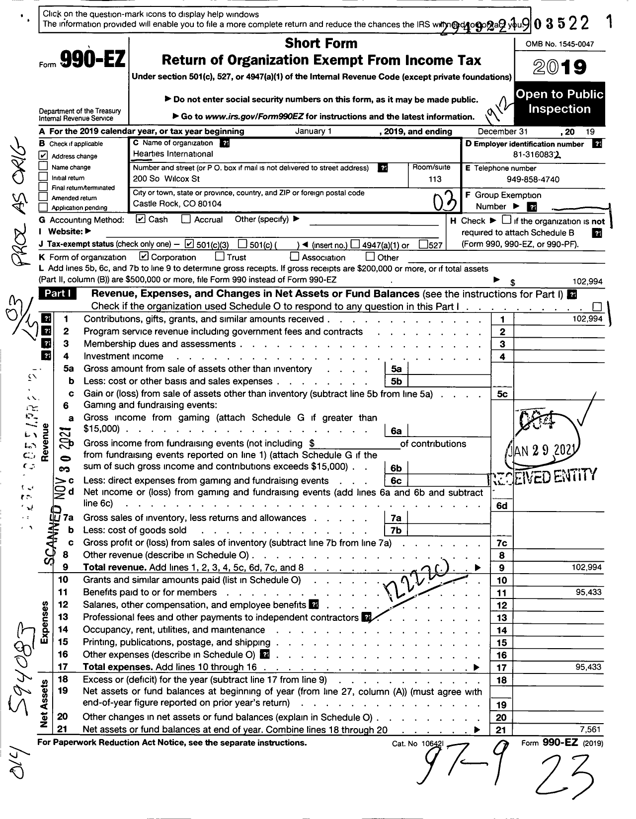 Image of first page of 2019 Form 990EZ for Hearties International