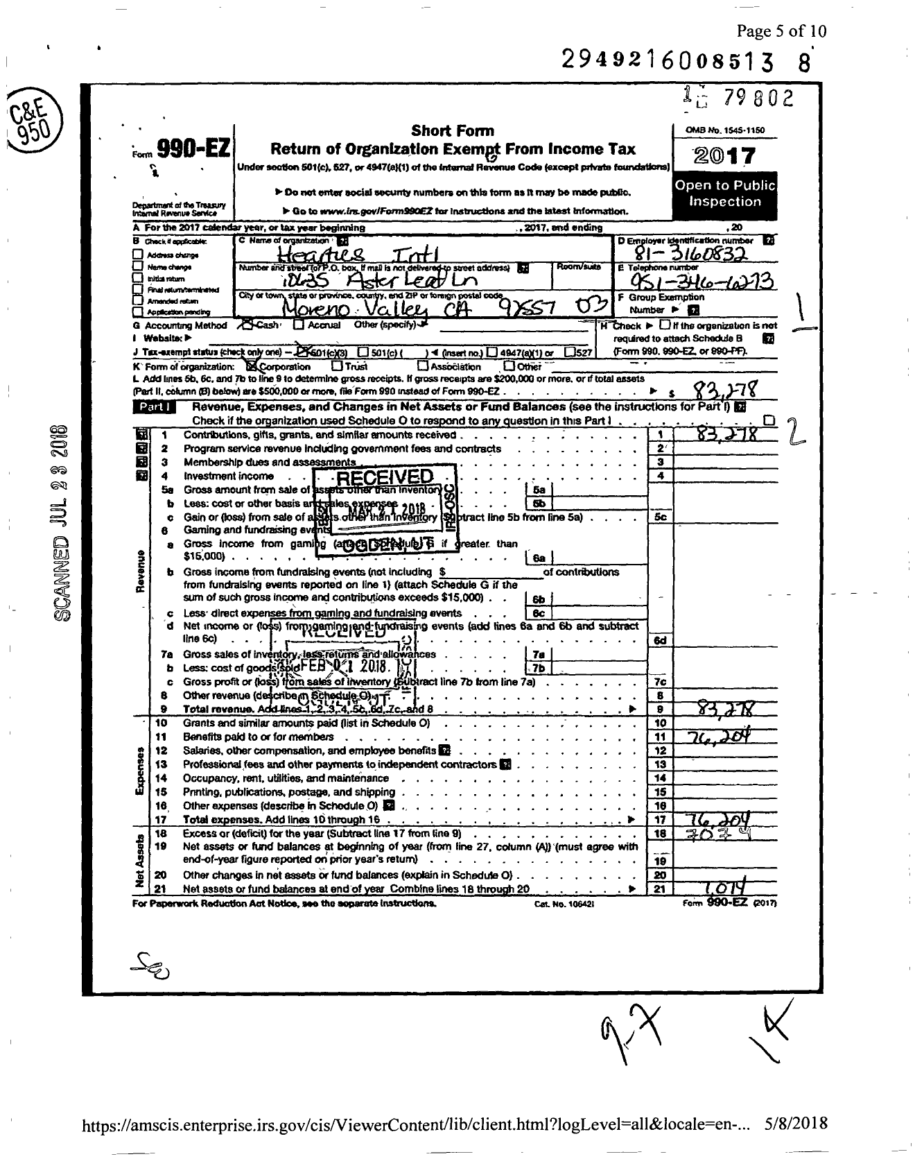 Image of first page of 2017 Form 990EZ for Hearties International