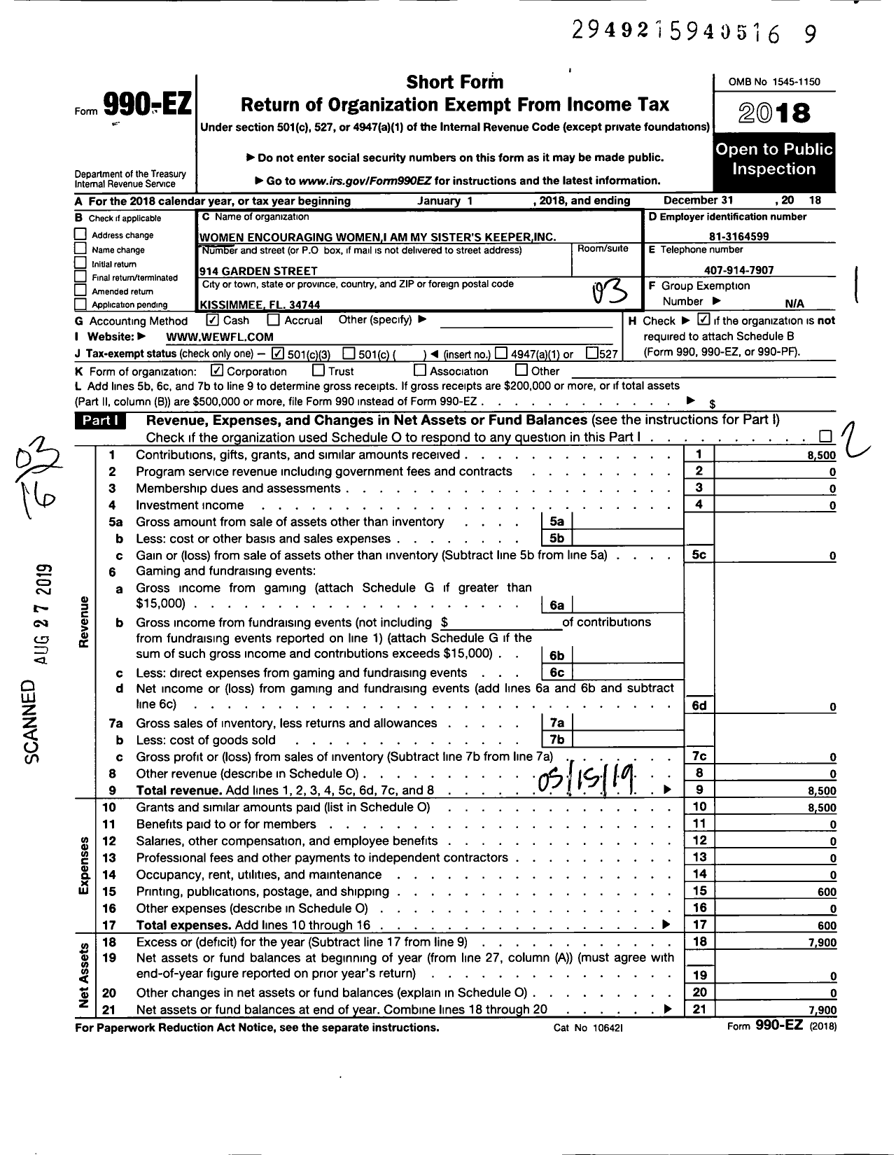 Image of first page of 2018 Form 990EZ for Women Encouraging Women I Am My Sisters Keeper