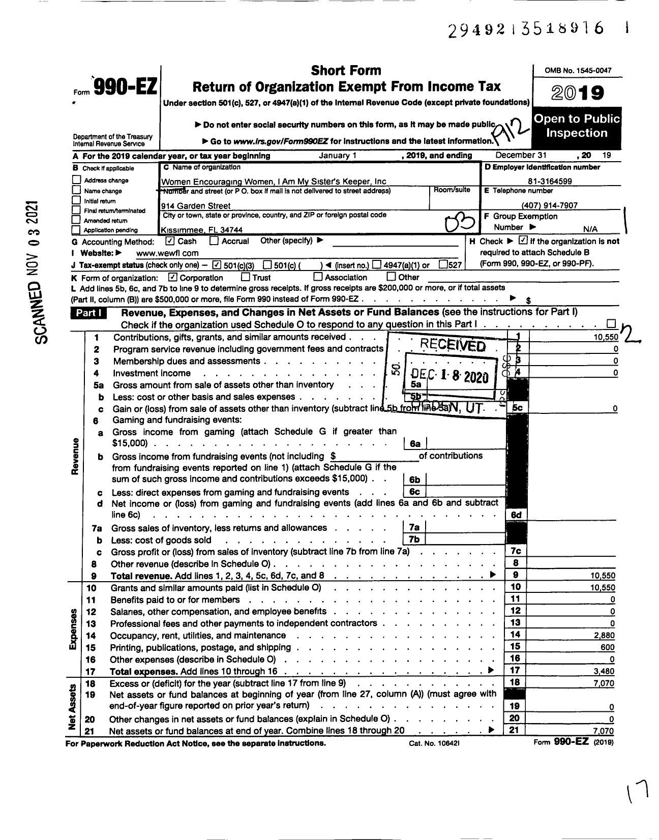 Image of first page of 2019 Form 990EZ for Women Encouraging Women I Am My Sisters Keeper