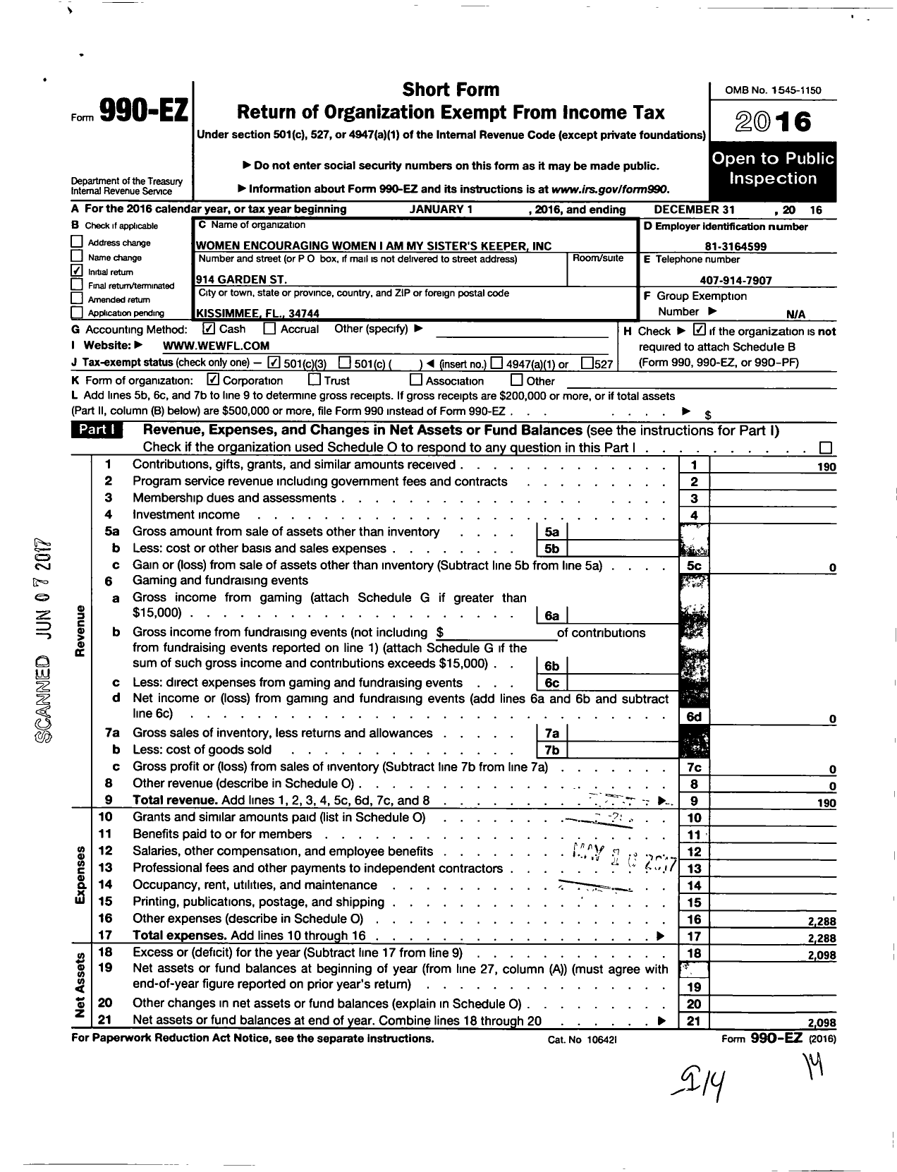 Image of first page of 2016 Form 990EZ for Women Encouraging Women I Am My Sisters Keeper