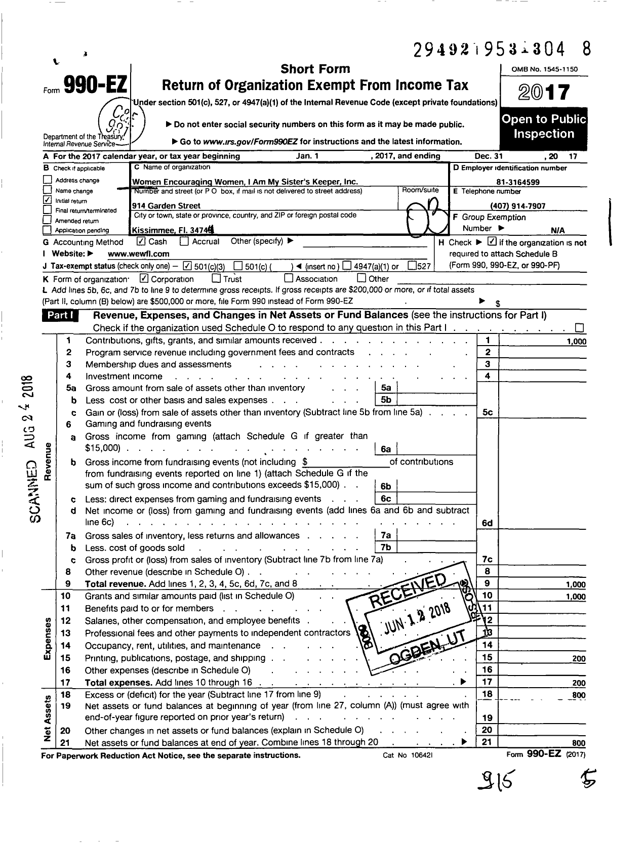 Image of first page of 2017 Form 990EZ for Women Encouraging Women I Am My Sisters Keeper