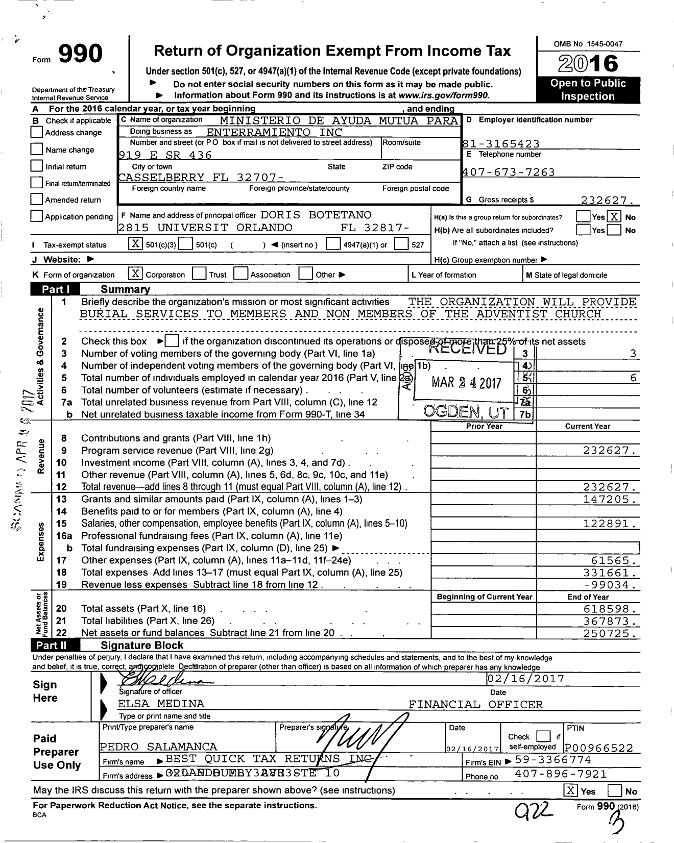 Image of first page of 2016 Form 990 for Ministerio de Ayuda Mutua Para Enterramiento