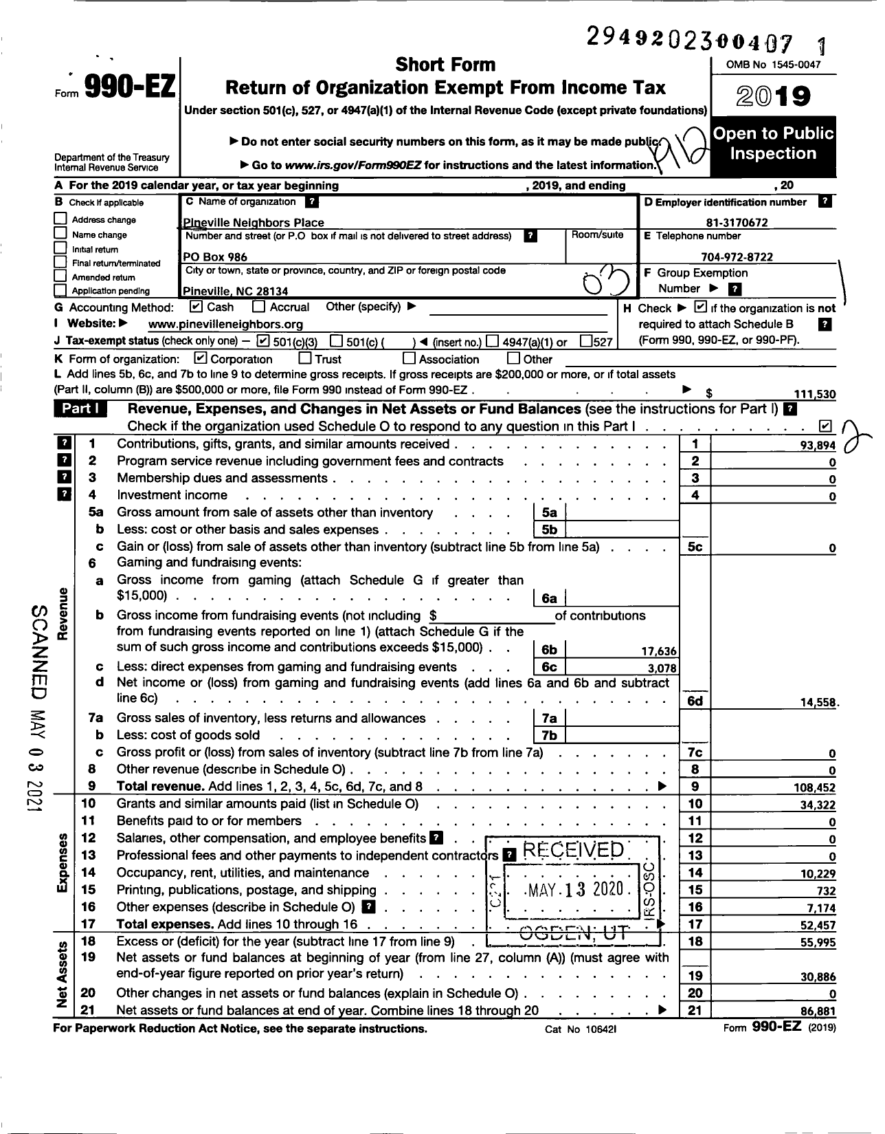 Image of first page of 2019 Form 990EZ for Pineville Neighbors Place