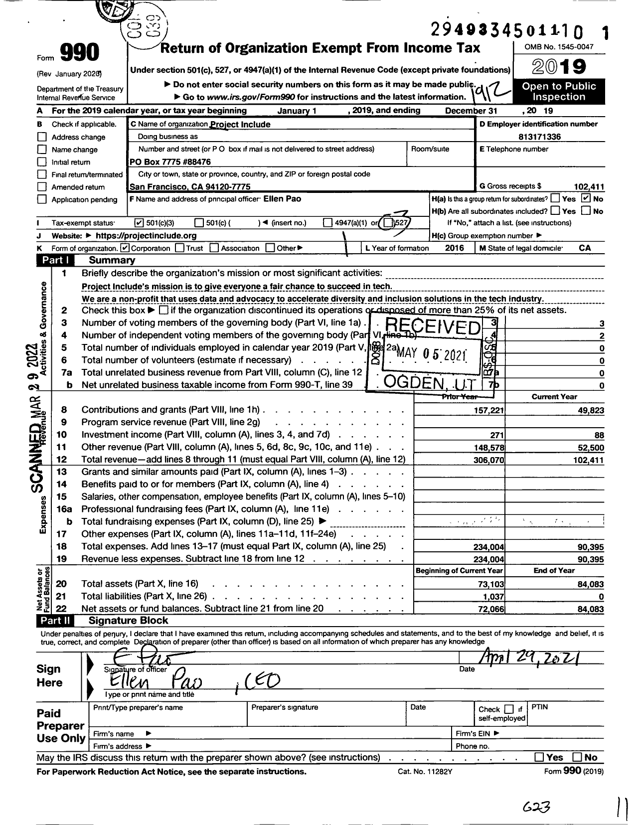 Image of first page of 2019 Form 990 for Project Include