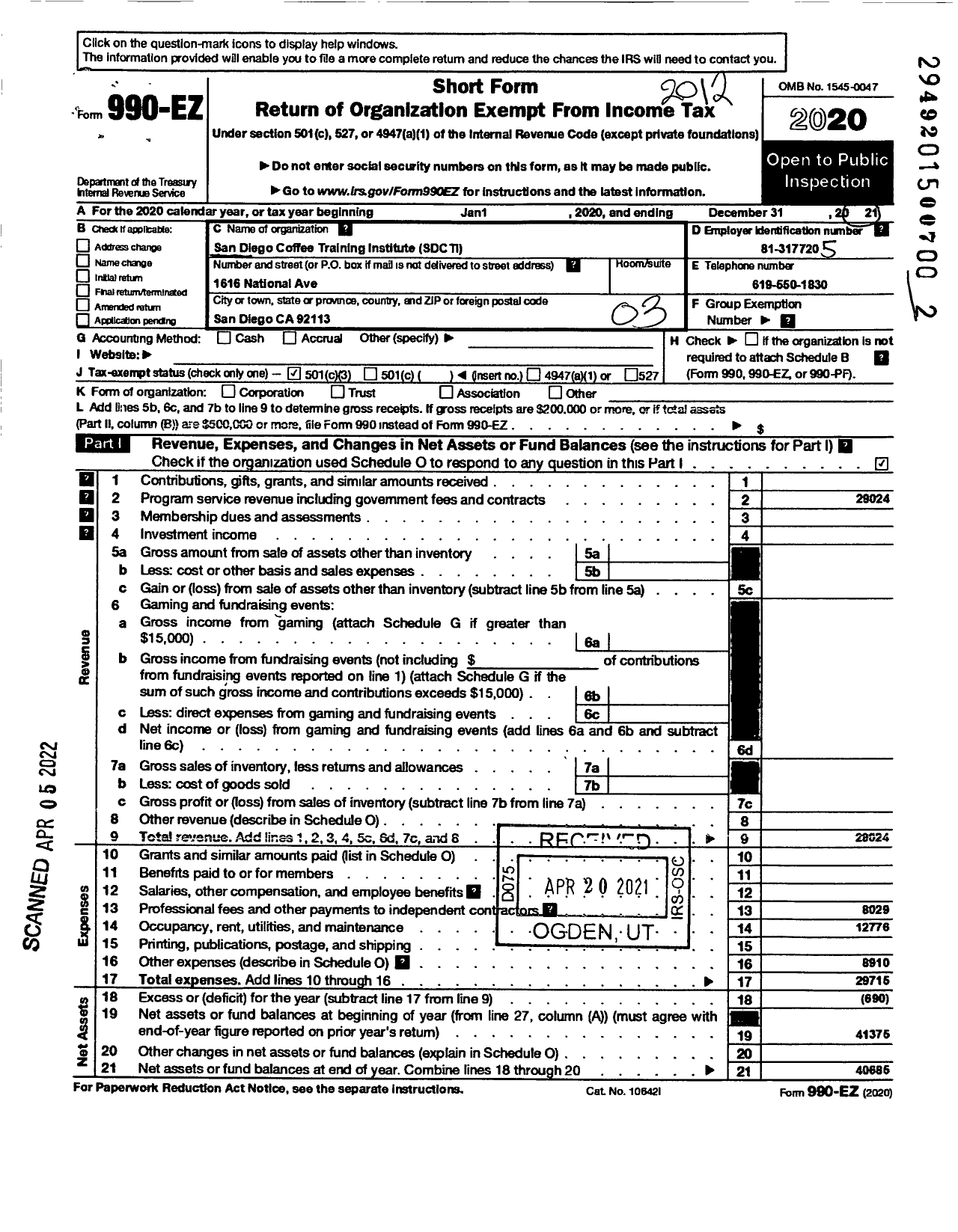 Image of first page of 2020 Form 990EZ for San Diego Coffee Training Institute (SDCTI)