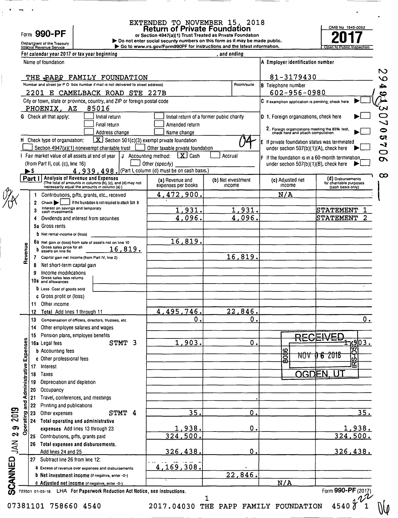 Image of first page of 2017 Form 990PF for The Papp Family Foundation