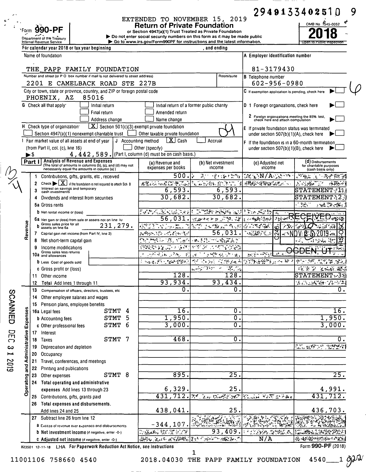 Image of first page of 2018 Form 990PF for The Papp Family Foundation