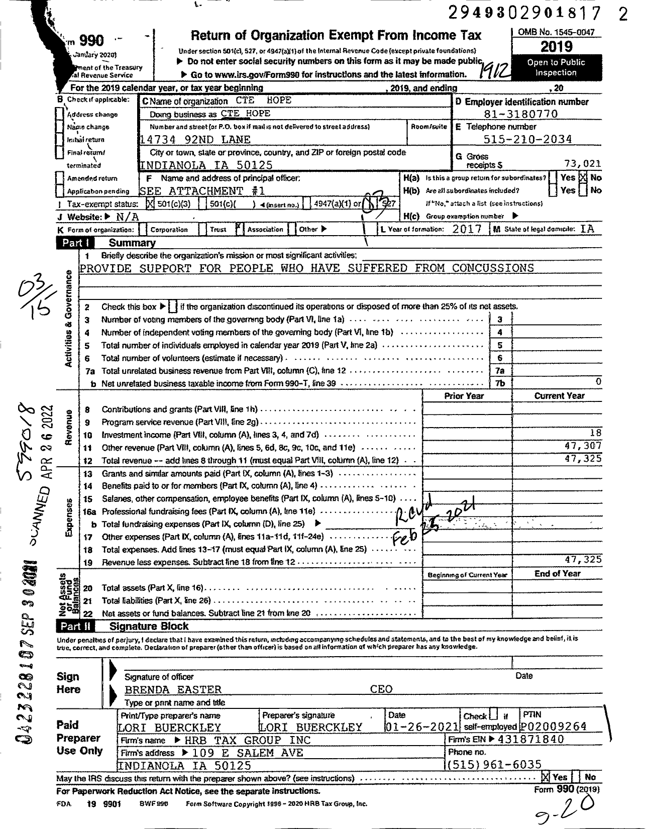 Image of first page of 2019 Form 990 for Cte Hope