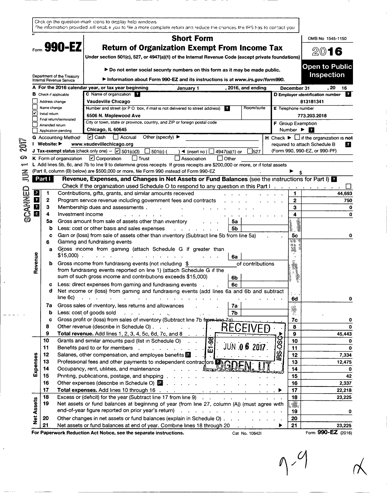 Image of first page of 2016 Form 990EZ for Vaudeville Chicago