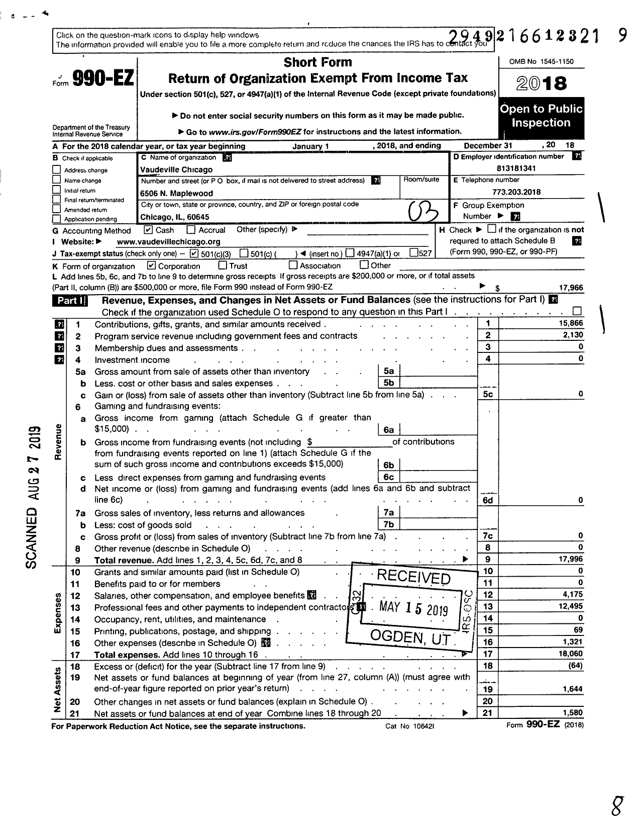 Image of first page of 2018 Form 990EZ for Vaudeville Chicago