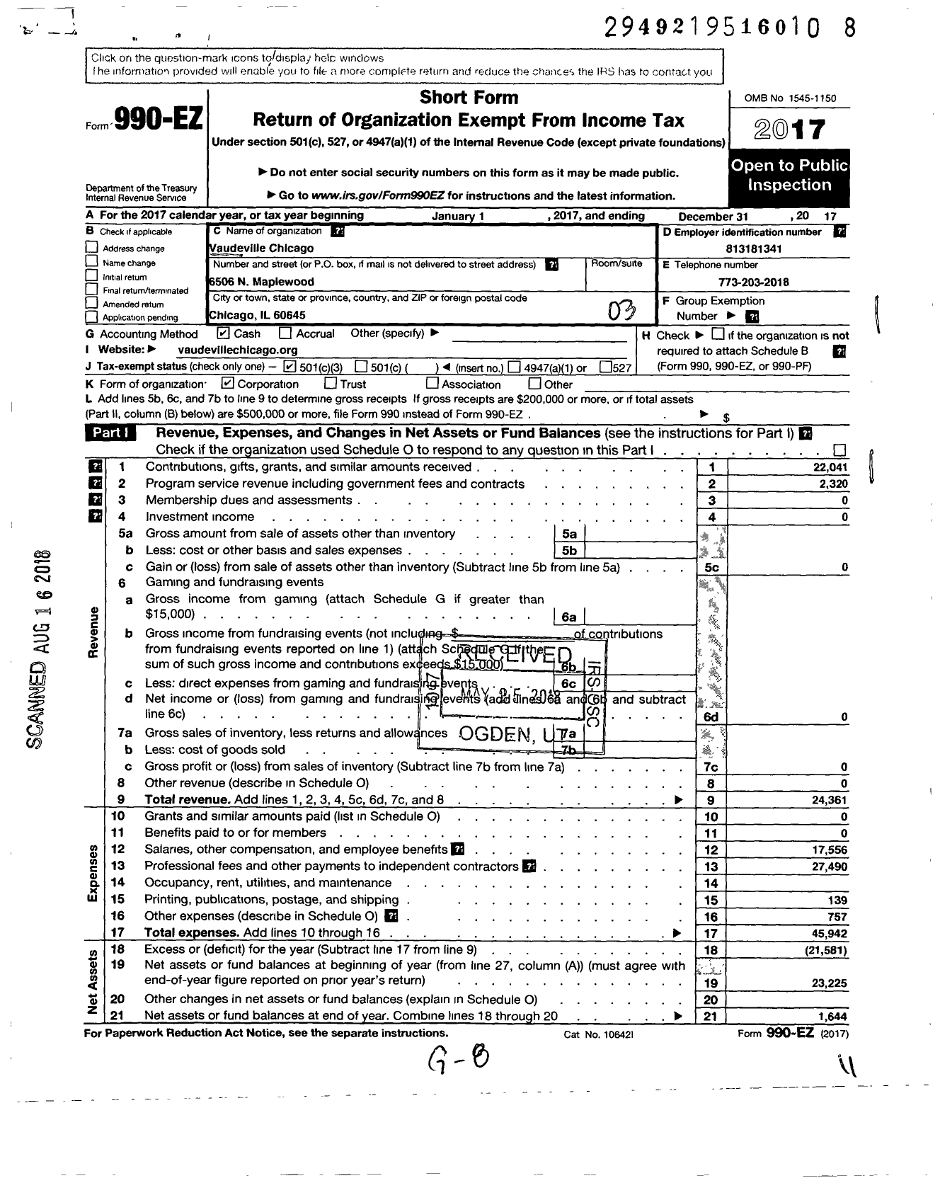 Image of first page of 2017 Form 990EZ for Vaudeville Chicago