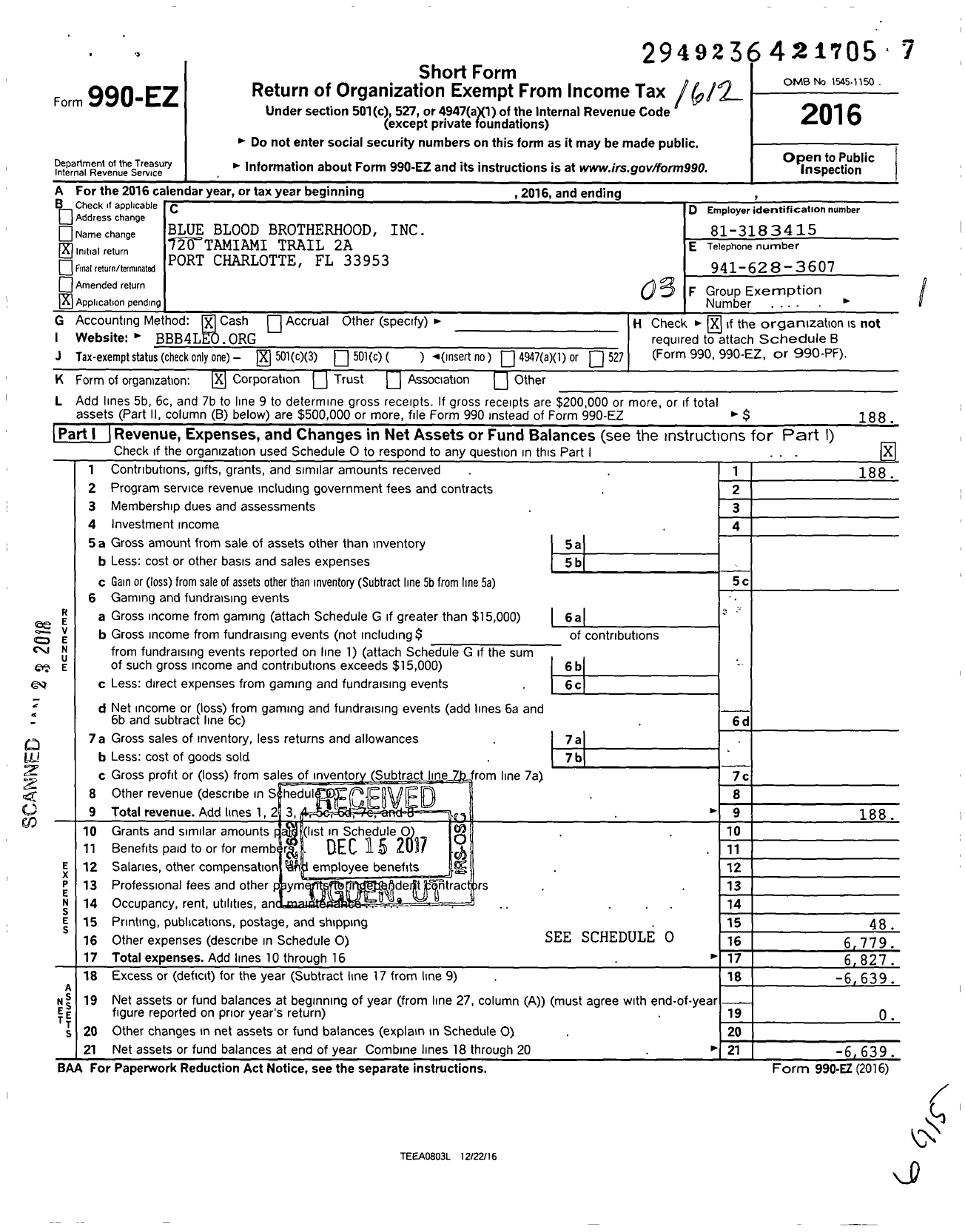 Image of first page of 2016 Form 990EZ for Blue Blood Brotherhood