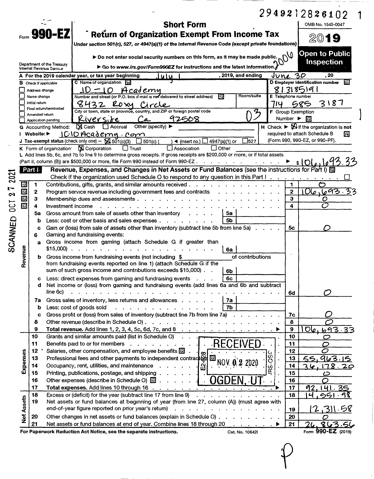 Image of first page of 2019 Form 990EZ for 10-10 Academy