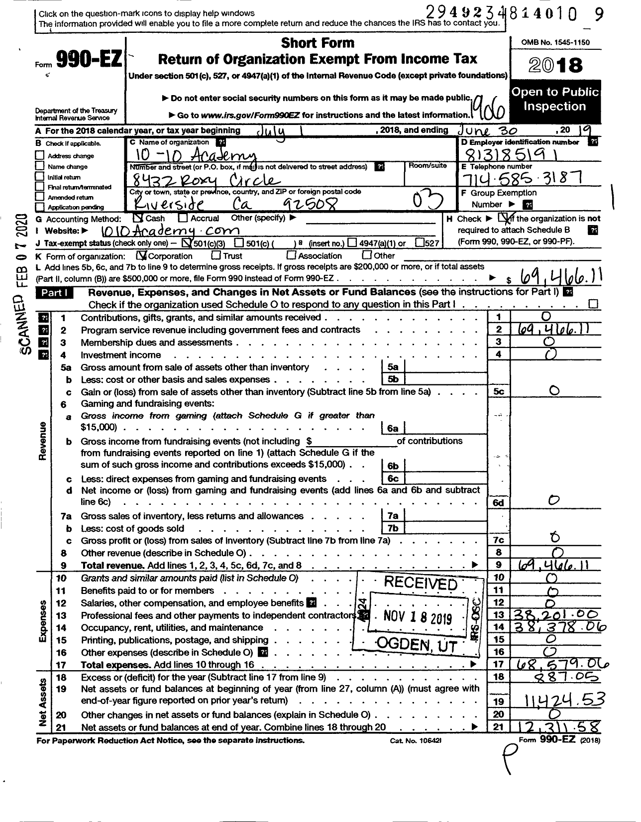 Image of first page of 2018 Form 990EZ for 10-10 Academy