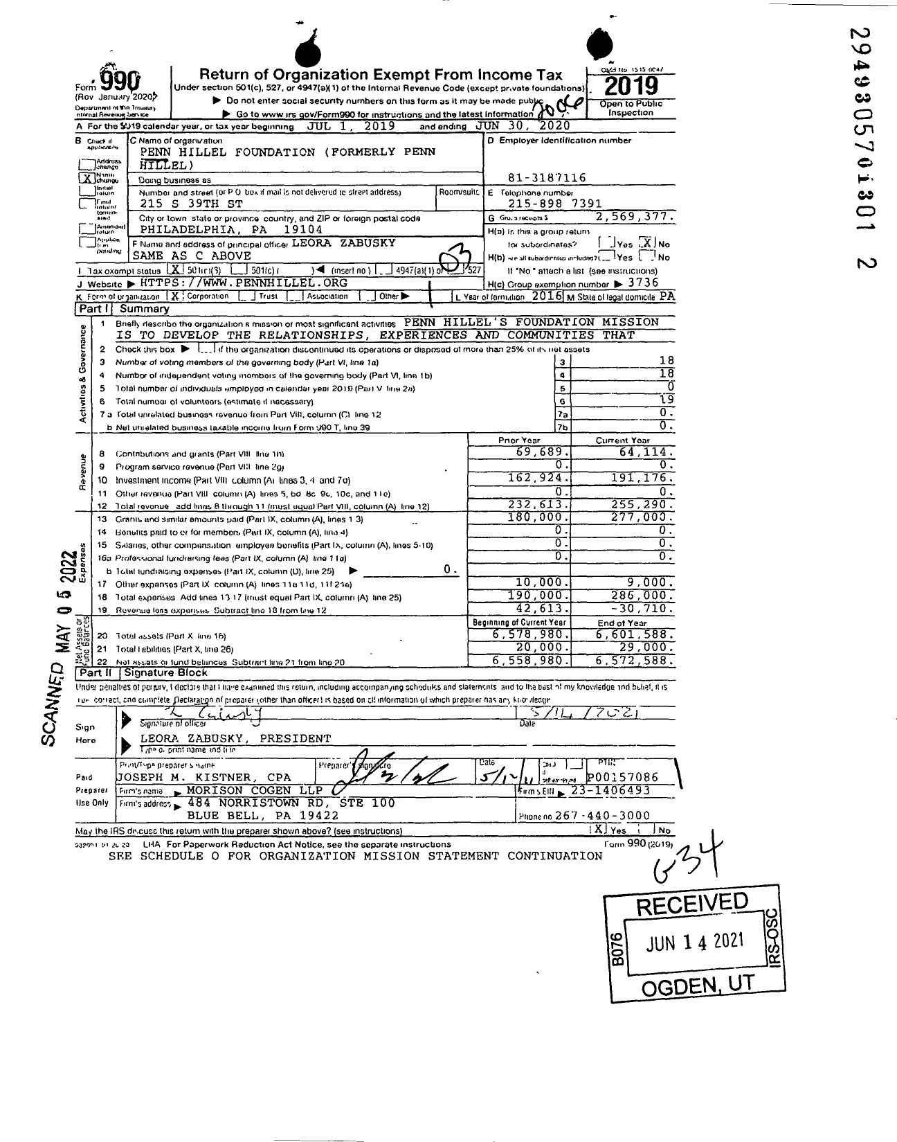 Image of first page of 2019 Form 990 for Penn Hillel Foundation