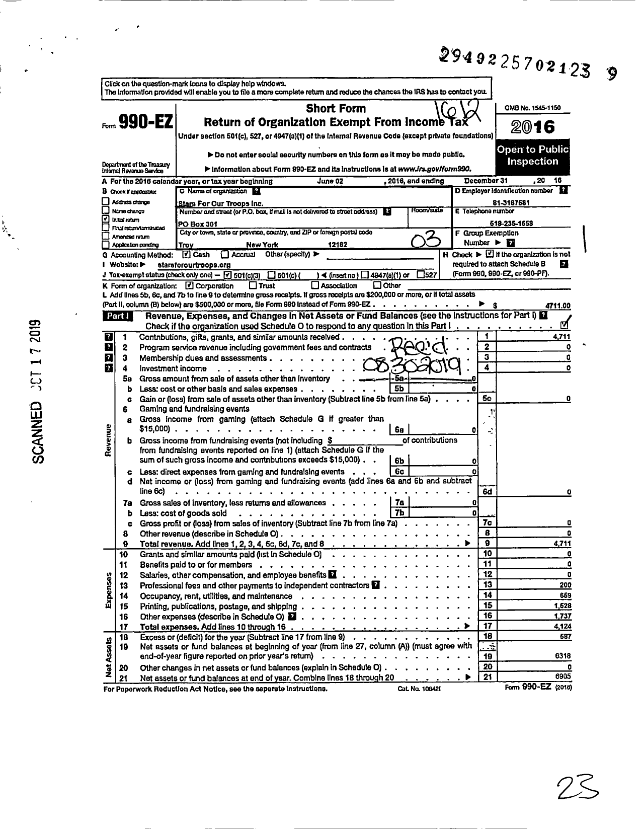 Image of first page of 2016 Form 990EZ for Stars for Our Troops