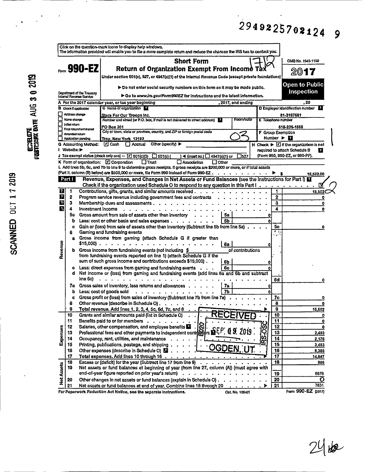 Image of first page of 2017 Form 990EZ for Stars for Our Troops