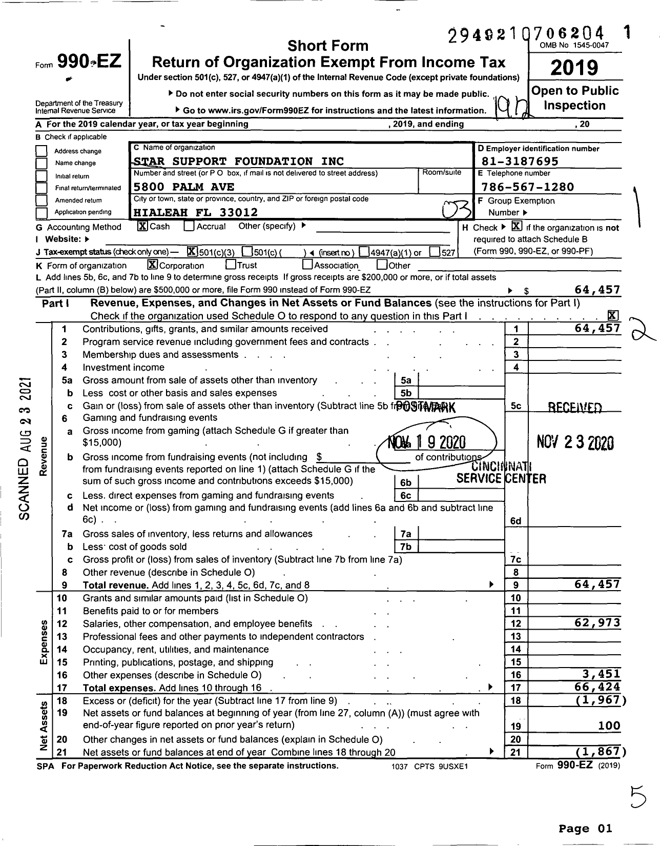 Image of first page of 2019 Form 990EZ for Star Support Foundation