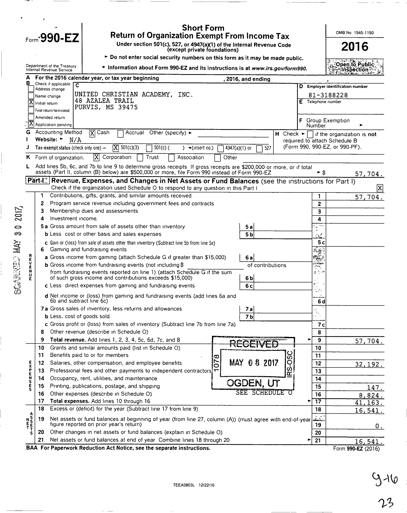 Image of first page of 2016 Form 990EZ for United Christian Academy