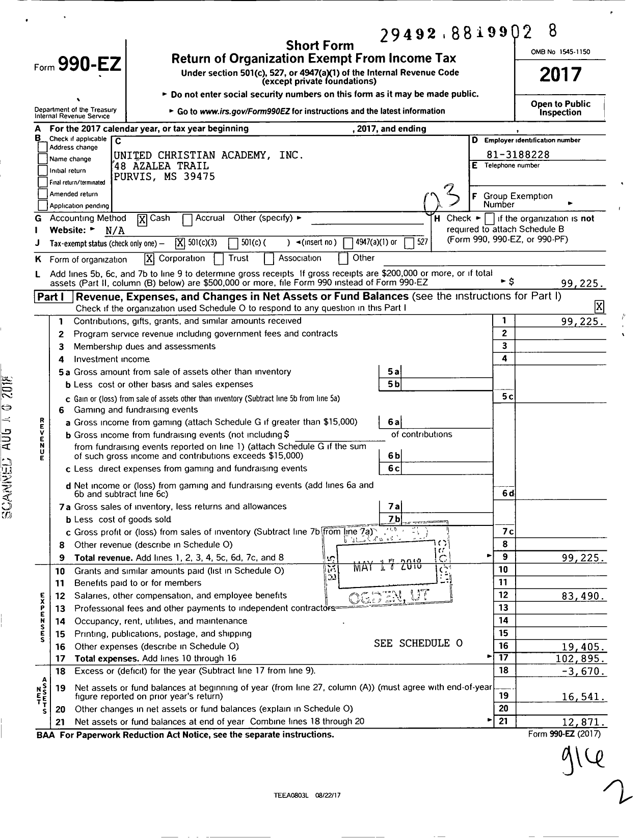 Image of first page of 2017 Form 990EZ for United Christian Academy