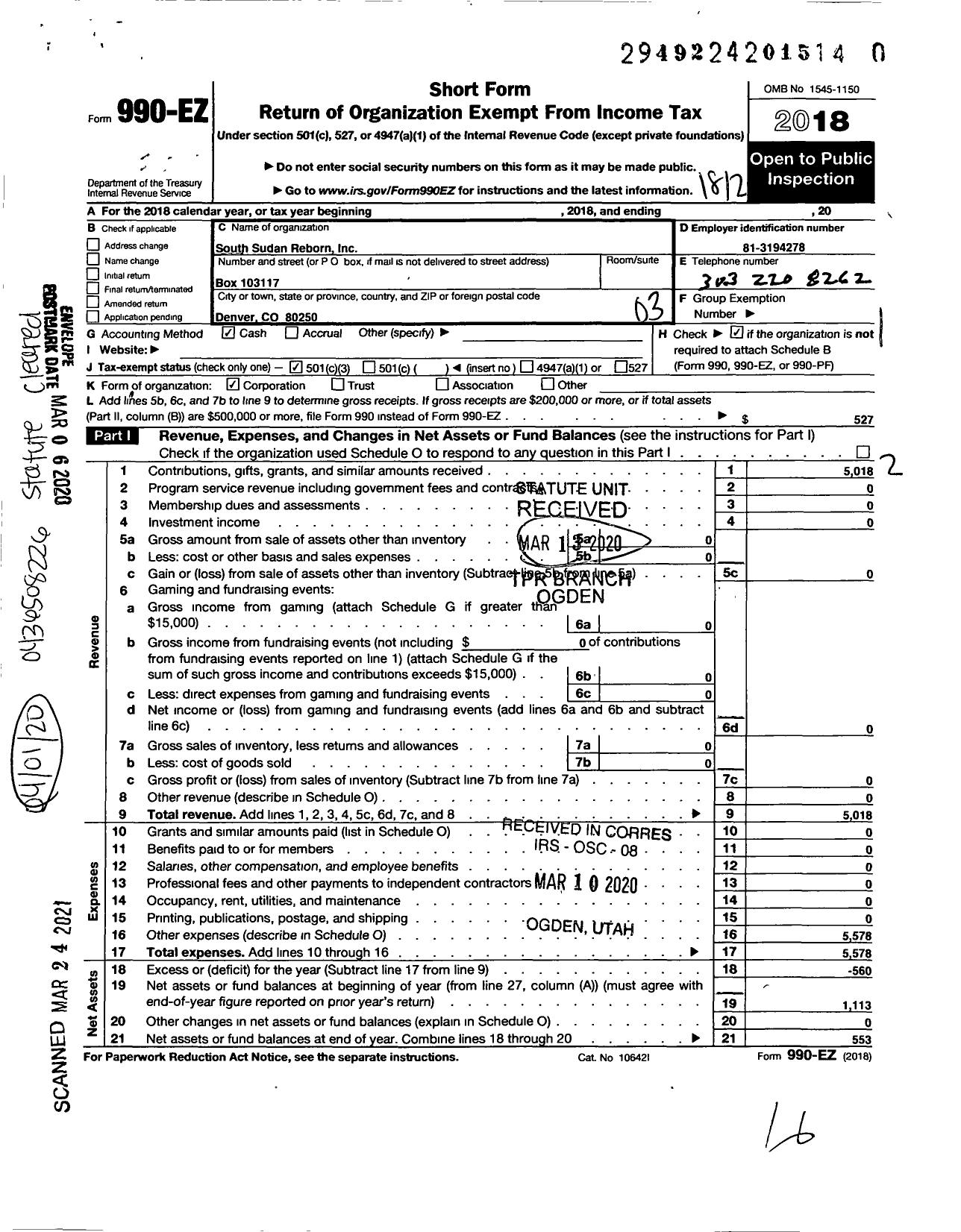 Image of first page of 2018 Form 990EZ for South Sudan Reborn