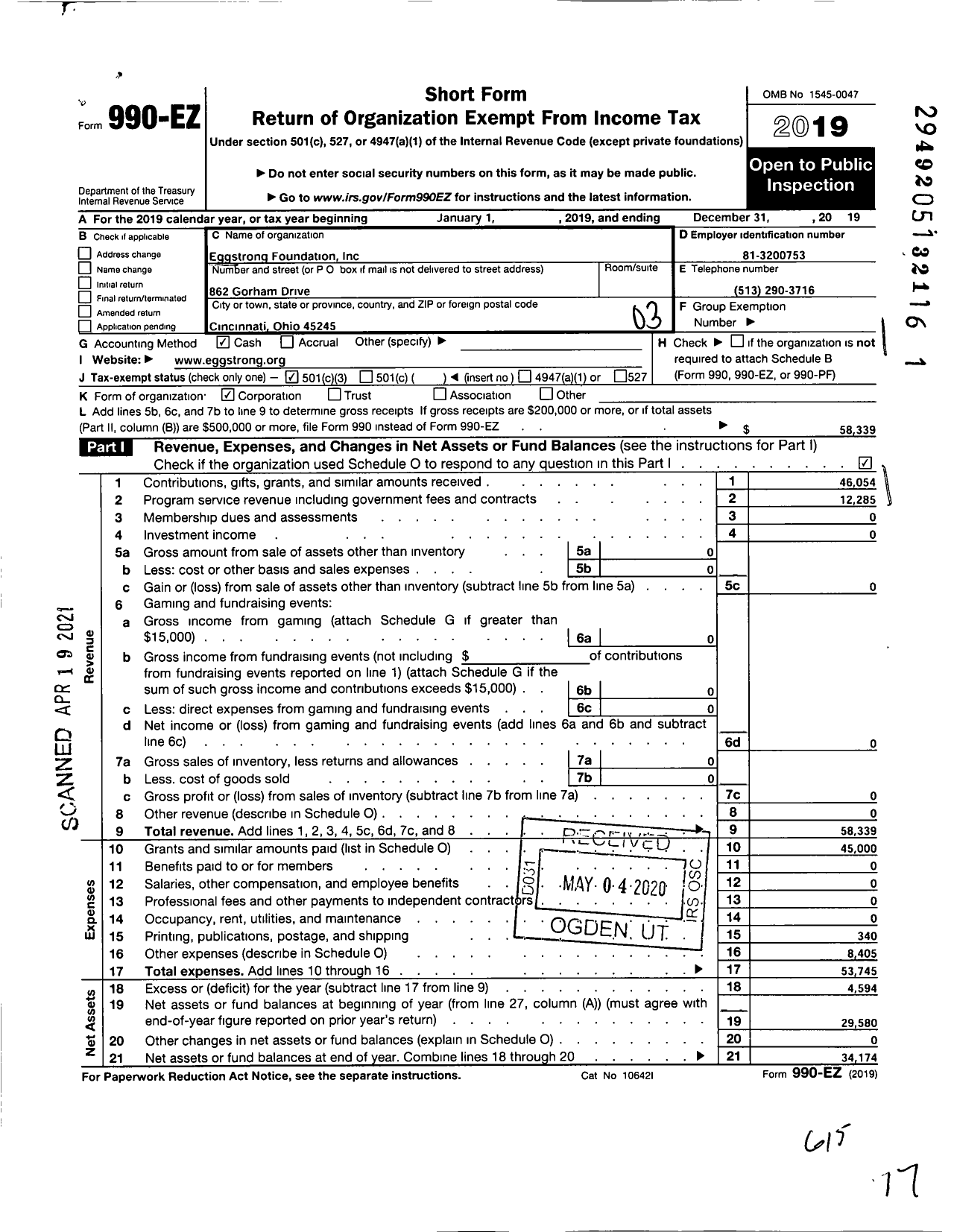 Image of first page of 2019 Form 990EZ for Eggstrong Foundation