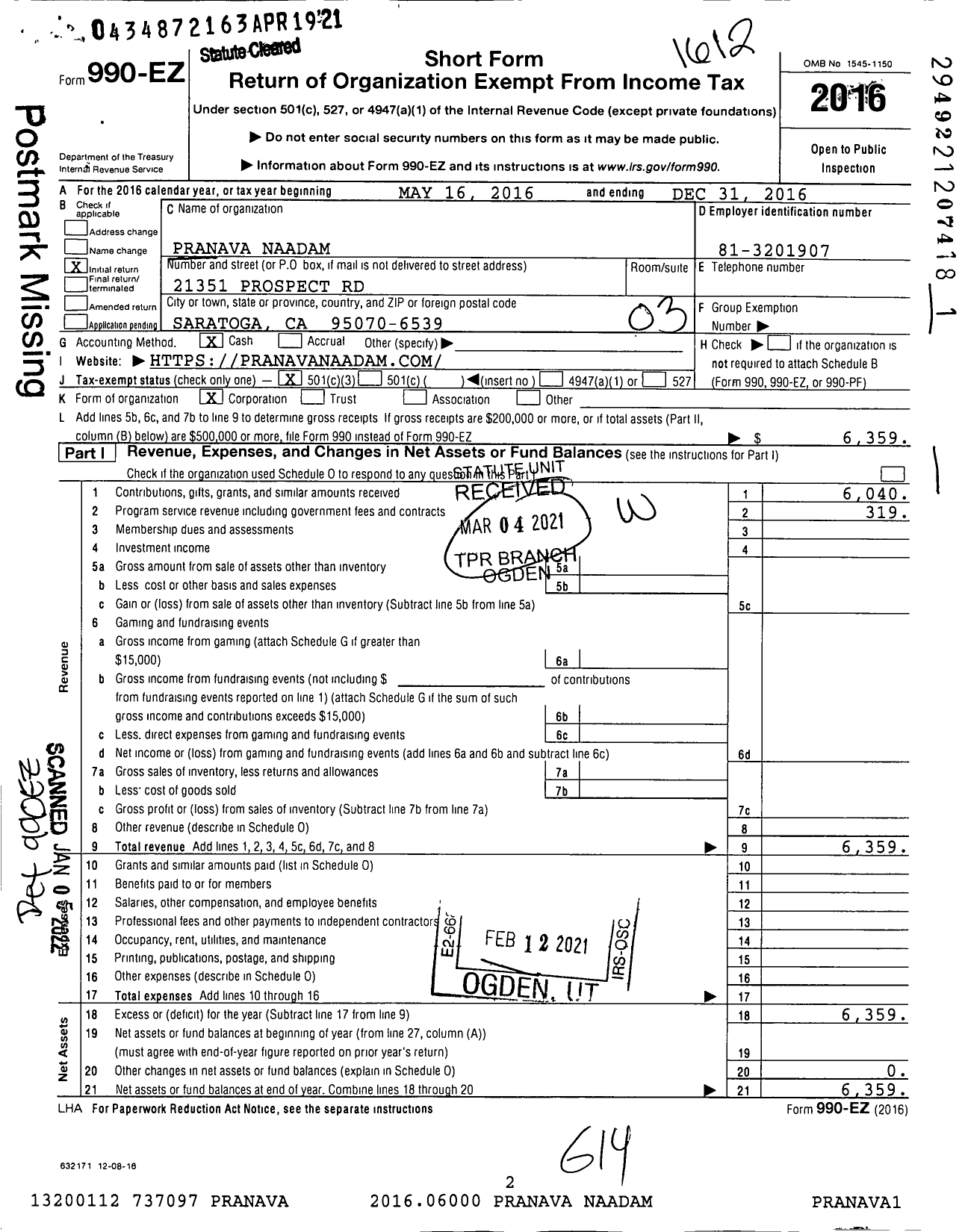 Image of first page of 2016 Form 990EZ for Pranava Naadam