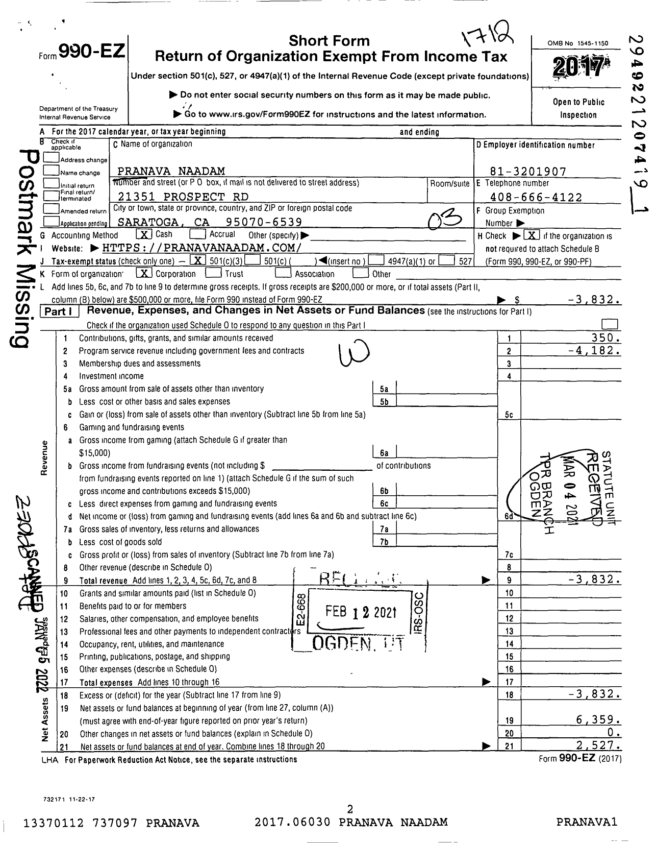 Image of first page of 2017 Form 990EZ for Pranava Naadam