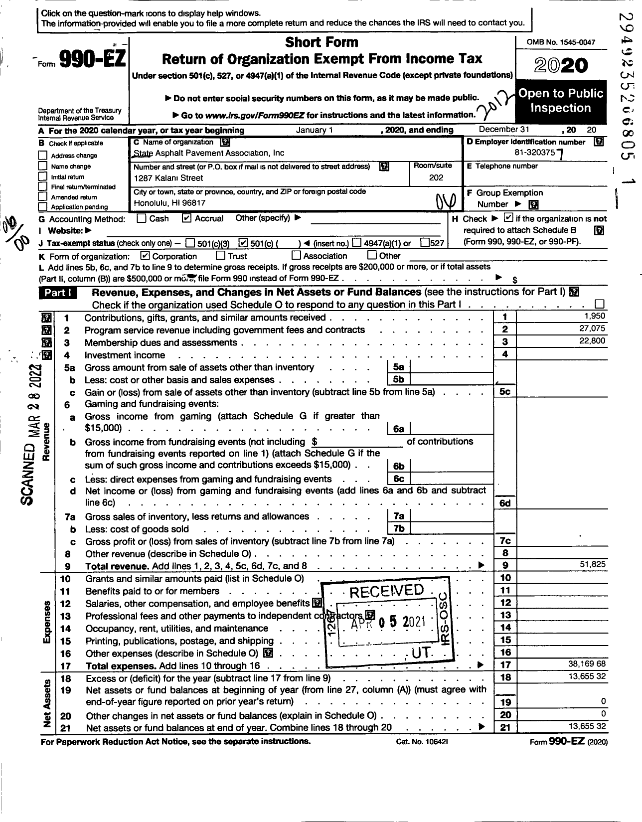 Image of first page of 2020 Form 990EO for State Asphalt Pavement Associations