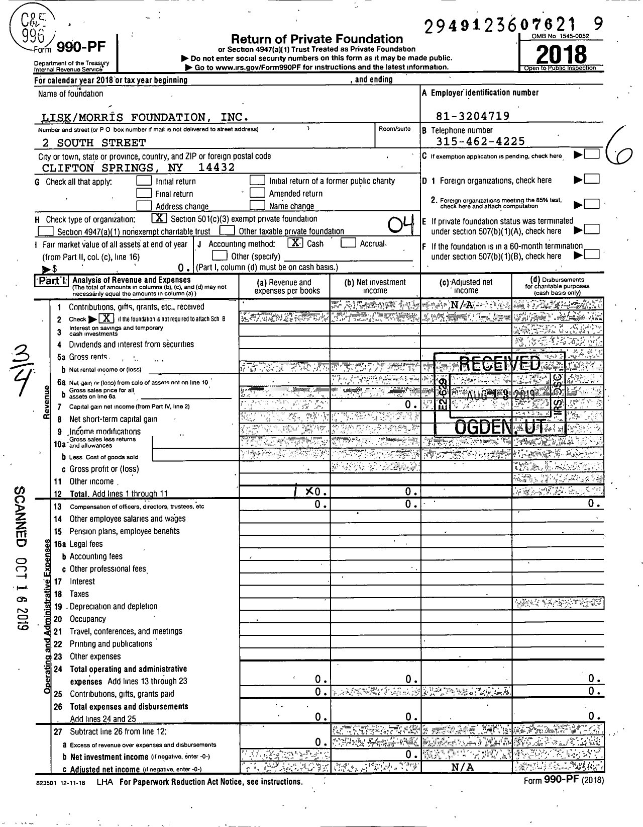 Image of first page of 2018 Form 990PF for Liskmorris Foundation