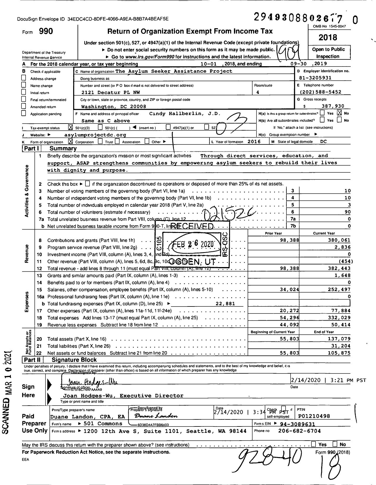 Image of first page of 2018 Form 990 for AsylumWorks