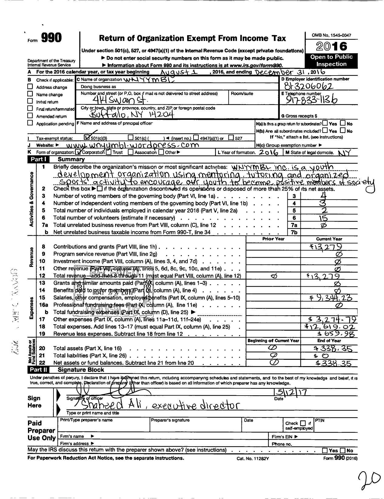 Image of first page of 2016 Form 990 for Wnyymbl