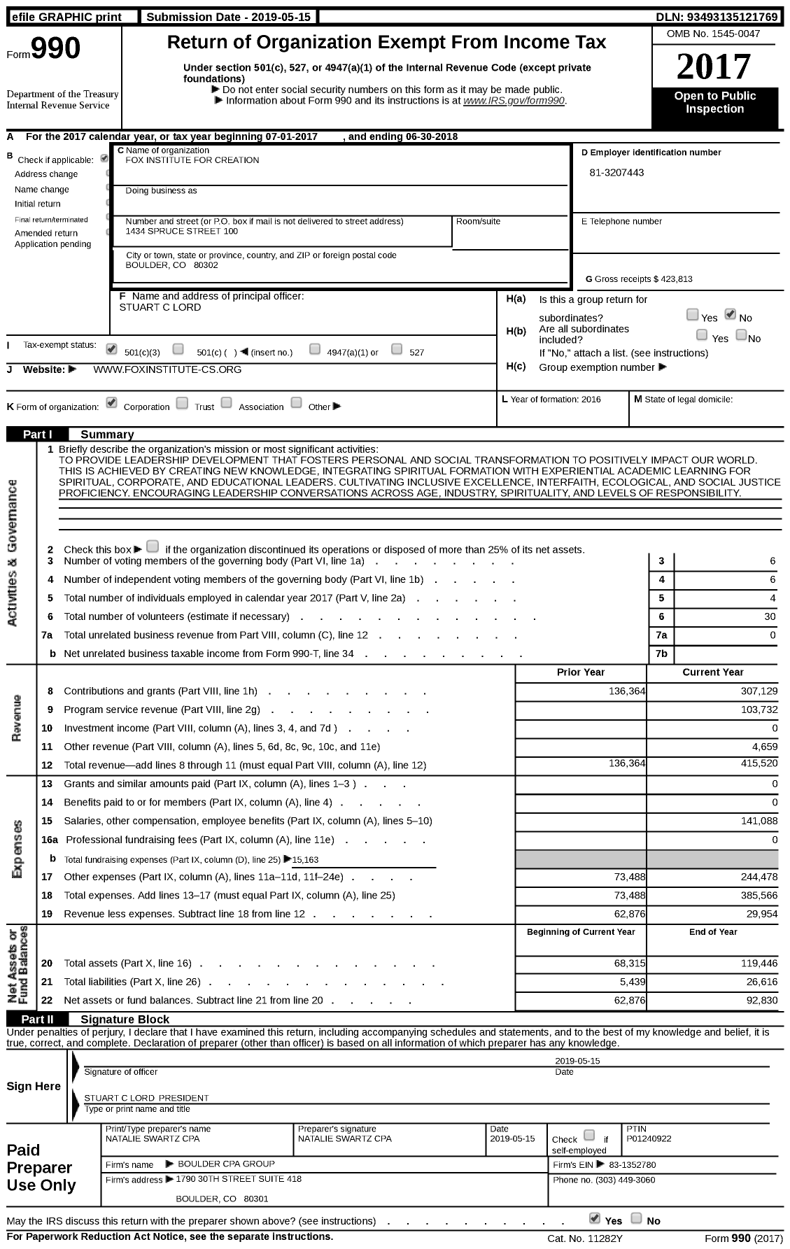 Image of first page of 2017 Form 990 for Fox Institute for Creation