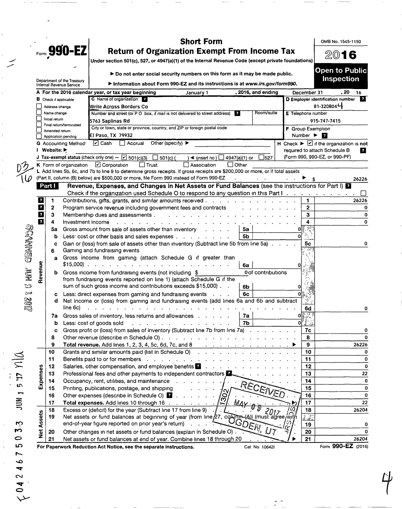 Image of first page of 2016 Form 990EZ for Write Across Borders