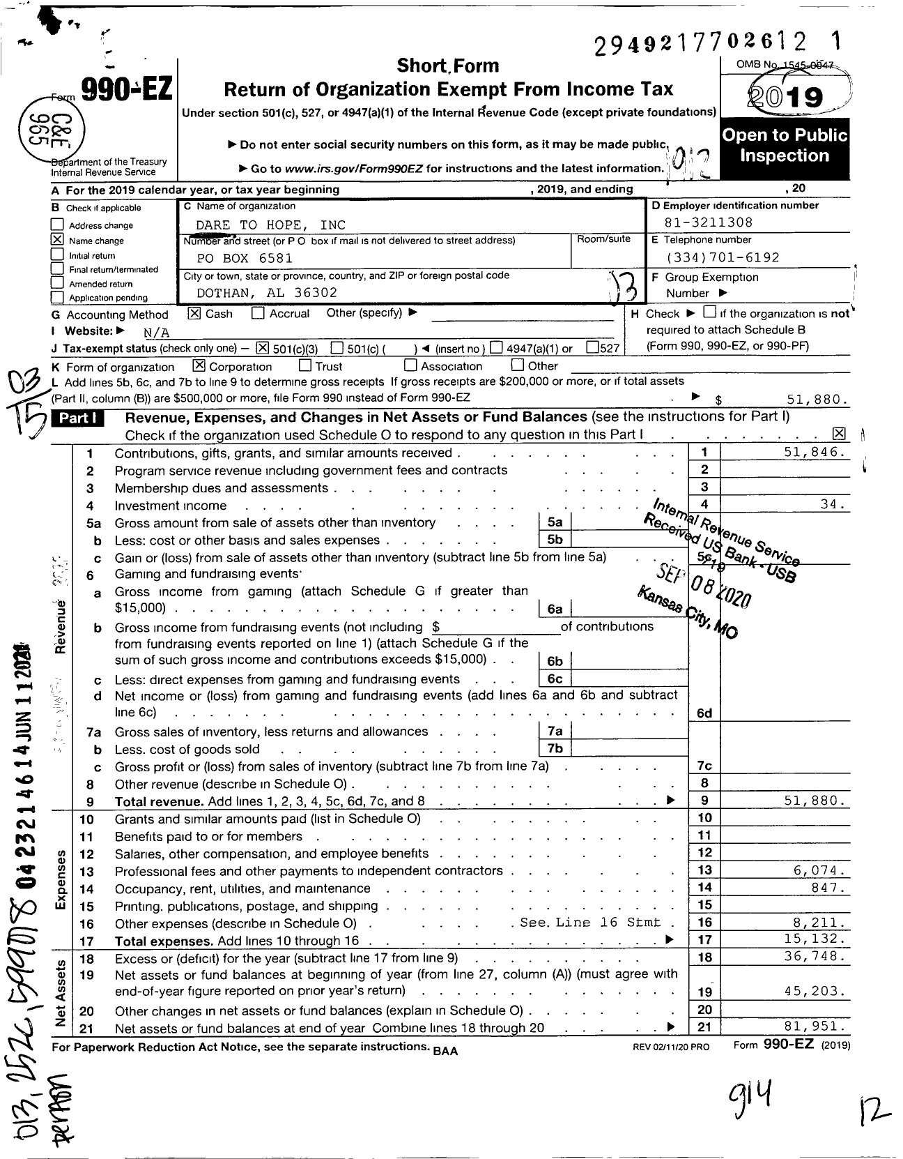 Image of first page of 2019 Form 990EZ for Dare To Hope